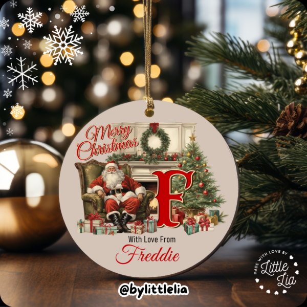 Father Christmas and Initial 80mm Acrylic Bauble - Add Name- - Image 3