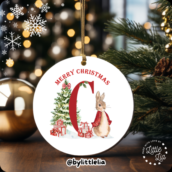 Christmas Bunny Initial 80mm Acrylic Bauble - Add Name - Image 4