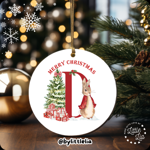 Christmas Bunny Initial 80mm Acrylic Bauble - Add Name - Image 5