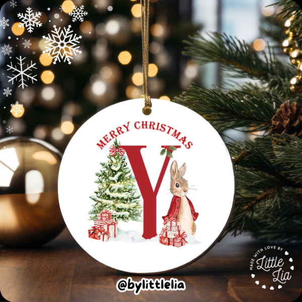 Christmas Bunny Initial 80mm Acrylic Bauble - Add Name - Image 26