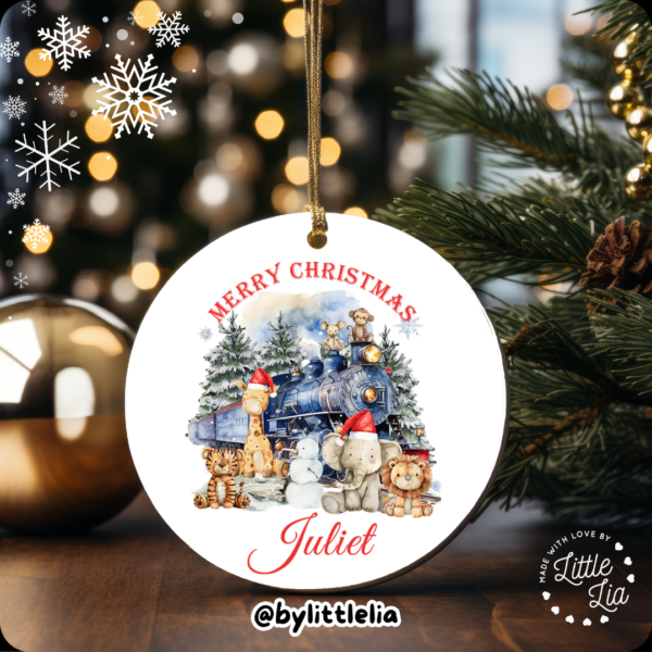 Christmas Jungle Train 80mm Acrylic Bauble - Add Name - Image 2